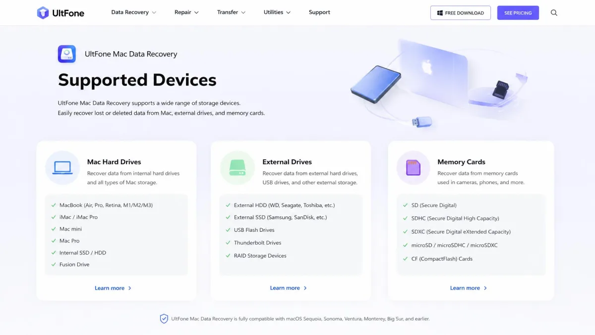Official UltFone Mac Data Recovery page listing supported devices, including Mac hard drives, external drives, and memory cards.