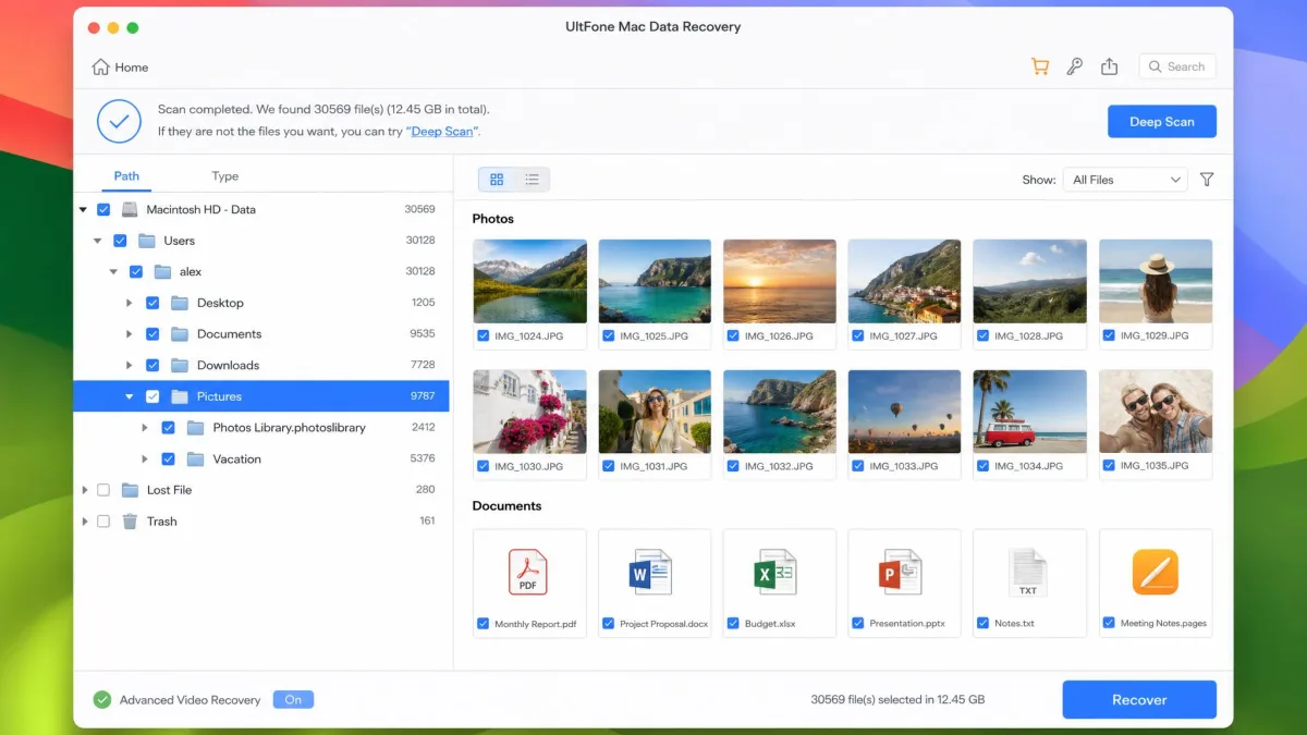 UltFone Mac Data Recovery scan results on macOS showing previewable photos and documents in a folder tree before recovery.