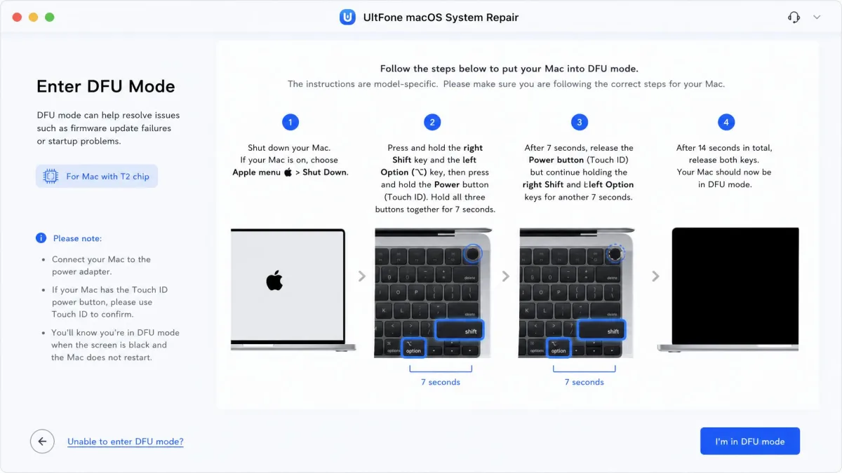On-screen DFU mode instructions in UltFone macOS System Repair showing model-specific button steps for a Mac with a T2 chip.