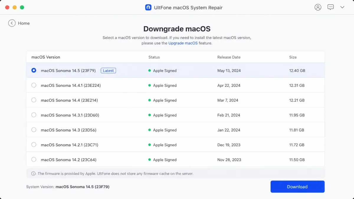 The downgrade window in UltFone macOS System Repair listing Apple-signed macOS firmware versions with download sizes, with the latest version selected.