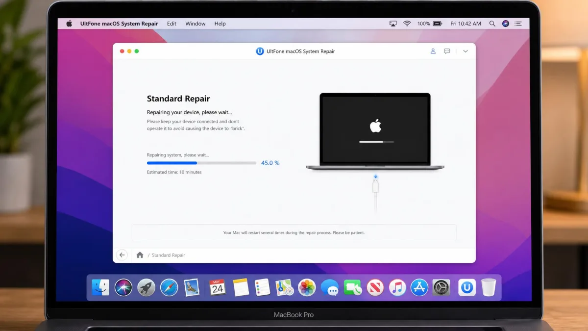 UltFone macOS System Repair's Standard Repair screen mid-run on a MacBook Pro, showing a progress bar while the connected device is repaired over USB.