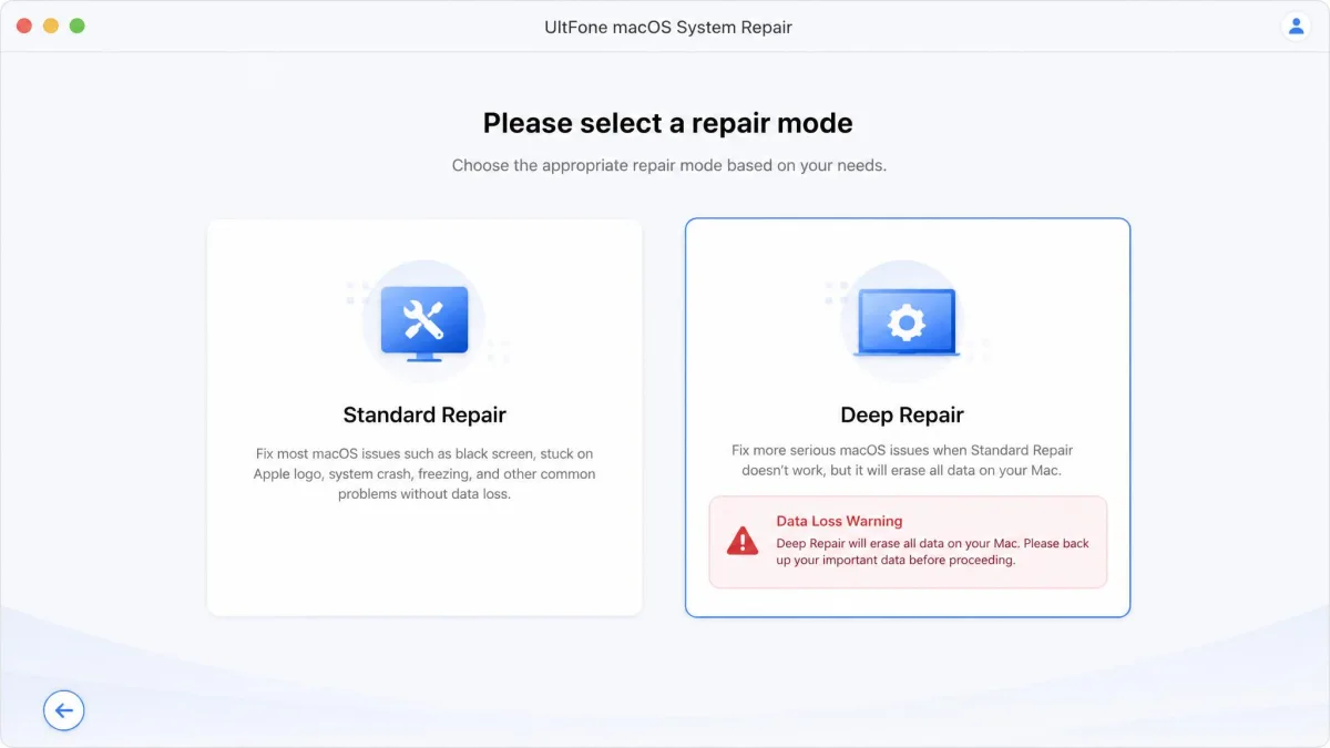 The mode-selection screen in UltFone macOS System Repair with Standard Repair and Deep Repair cards side by side and a data-loss warning under Deep Repair.