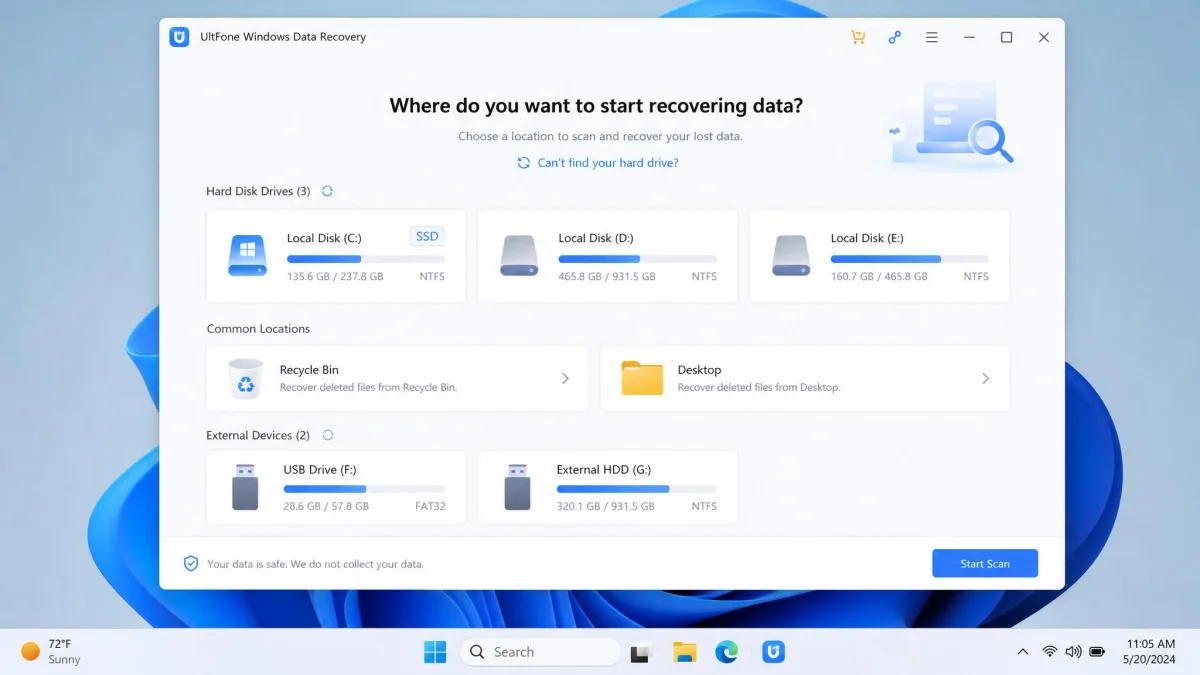The main UltFone Windows Data Recovery window on Windows 11, listing scan locations such as Local Disk, Recycle Bin, and removable drives before a scan starts.