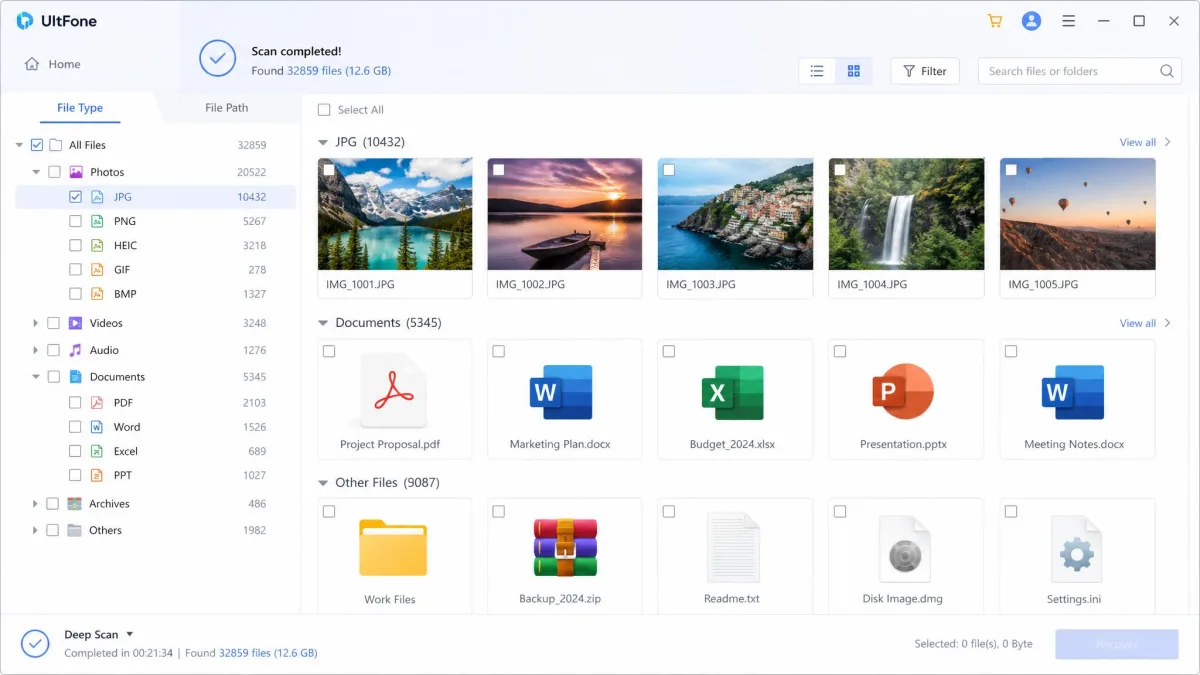 UltFone's scan results screen showing a folder tree of found items on the left and thumbnail previews of recoverable photos and documents on the right.