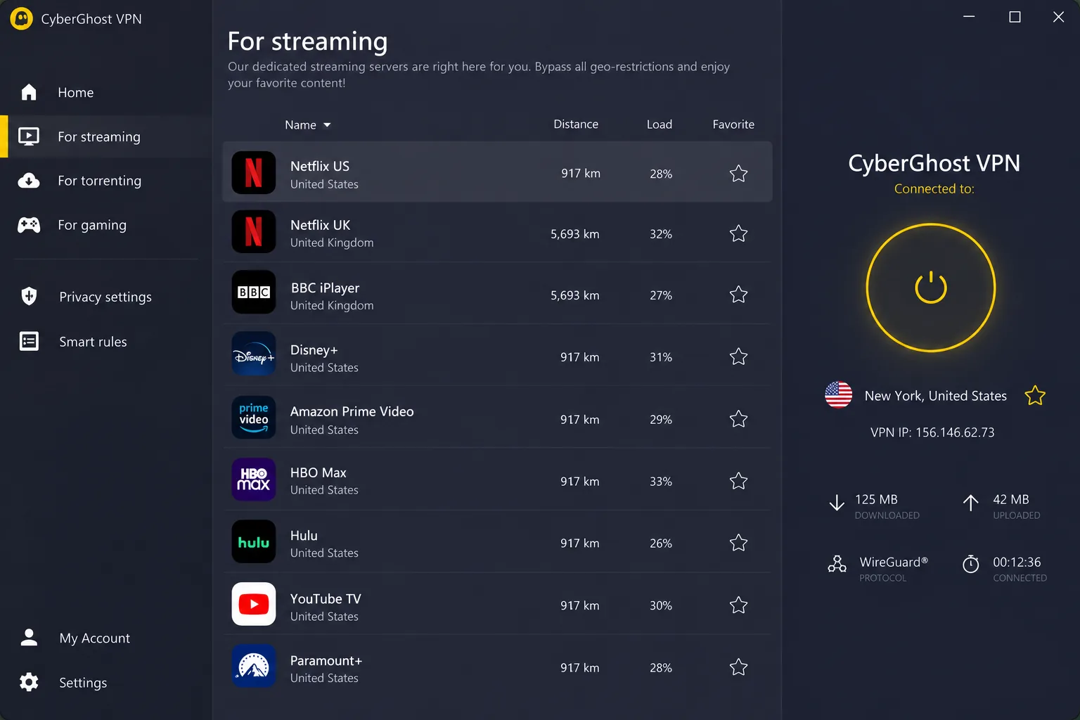 CyberGhost's Windows app showing its "For streaming" server list, with entries labeled for Netflix US, BBC iPlayer and Disney+.