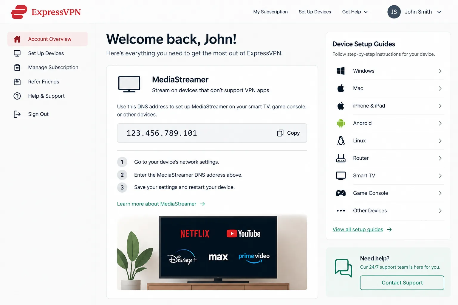 ExpressVPN's account dashboard showing the MediaStreamer smart DNS address ready to enter on a smart TV, next to the list of supported device setup guides.