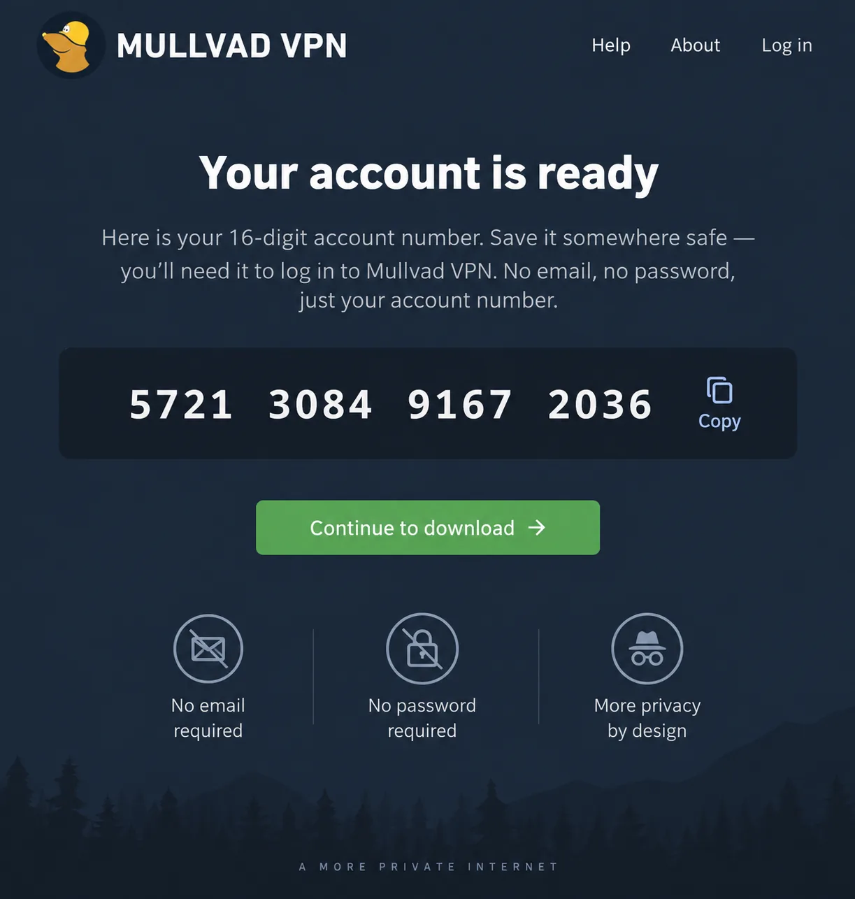 Mullvad VPN's sign-up screen displaying a freshly generated 16-digit account number, with no email or password fields anywhere on the page.