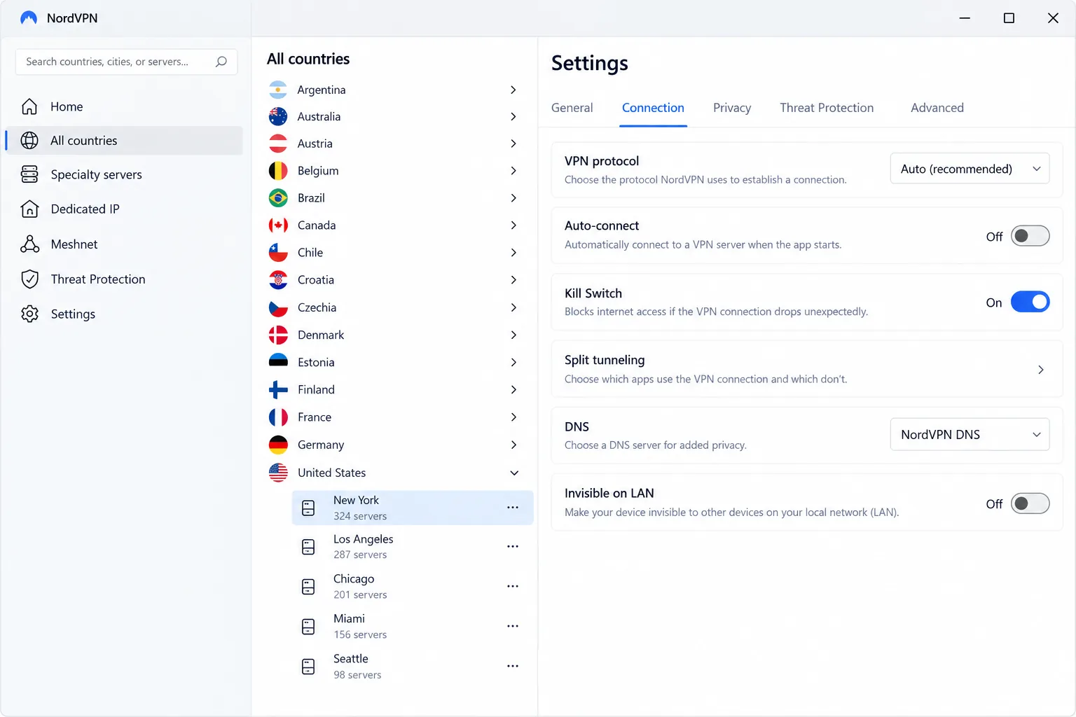 NordVPN's Windows app in list view, with a country expanded to show city-level servers and the kill switch toggle visible in the settings panel.