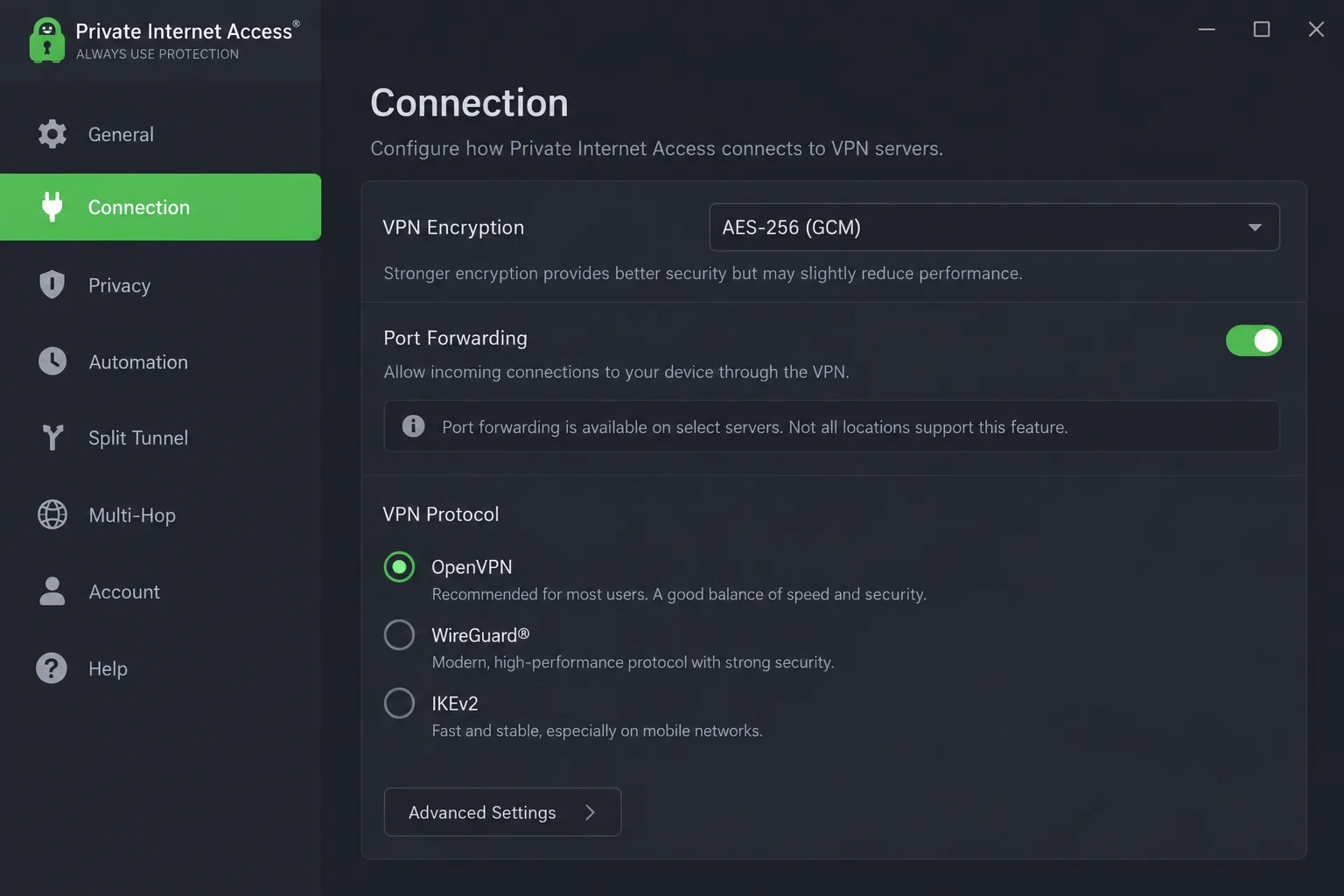 Private Internet Access's desktop settings panel open on the Connection tab, showing the encryption selector, port forwarding toggle and protocol choice.