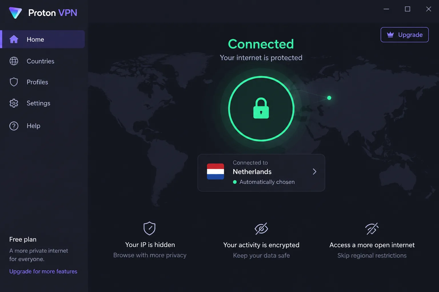 Proton VPN's desktop app connected on the free plan, showing the automatically chosen server country, the protected status and no data-usage counter on screen.