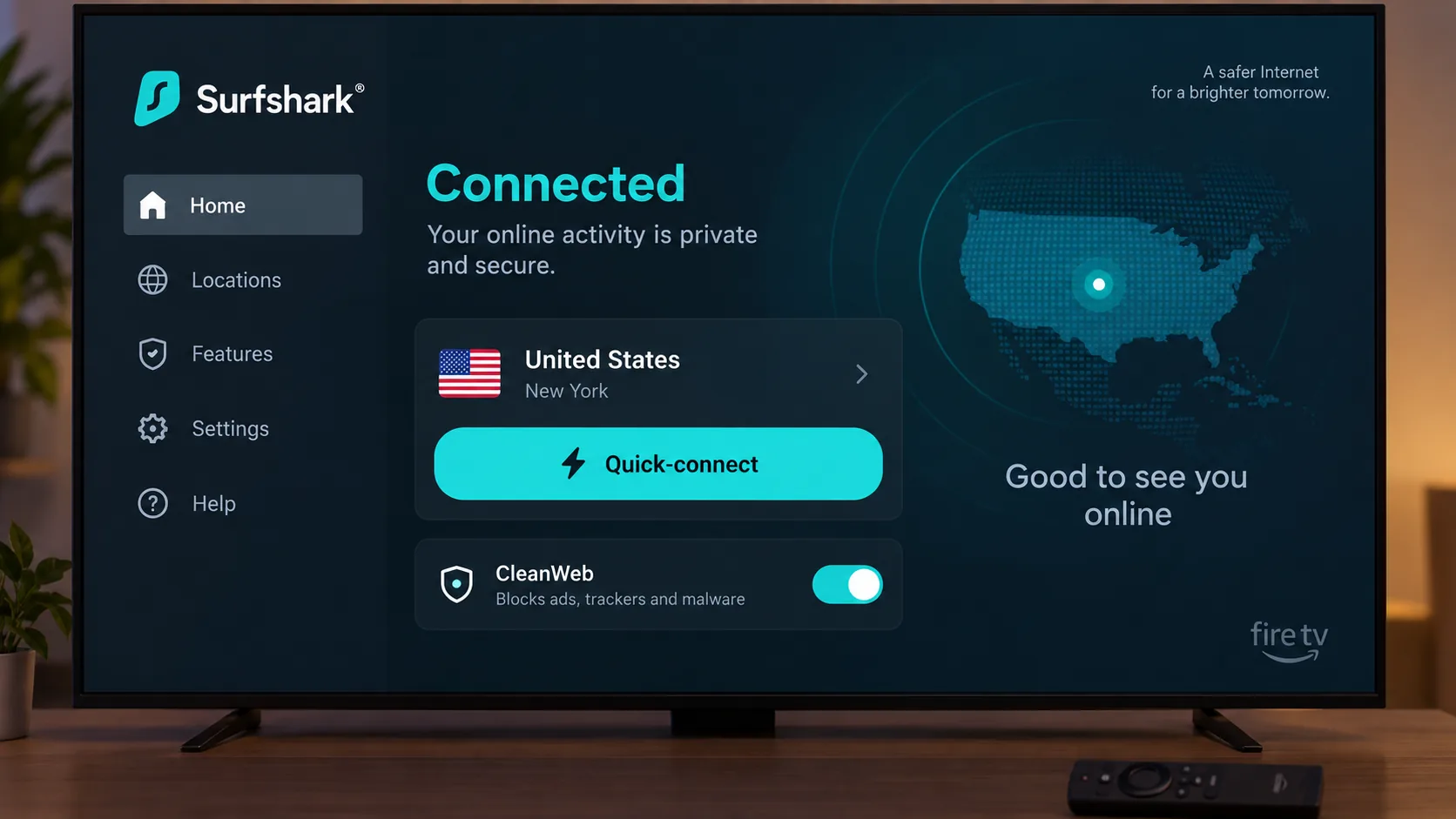 Surfshark's Fire TV app connected to a US server, with the quick-connect button and the CleanWeb toggle shown on the TV home screen.