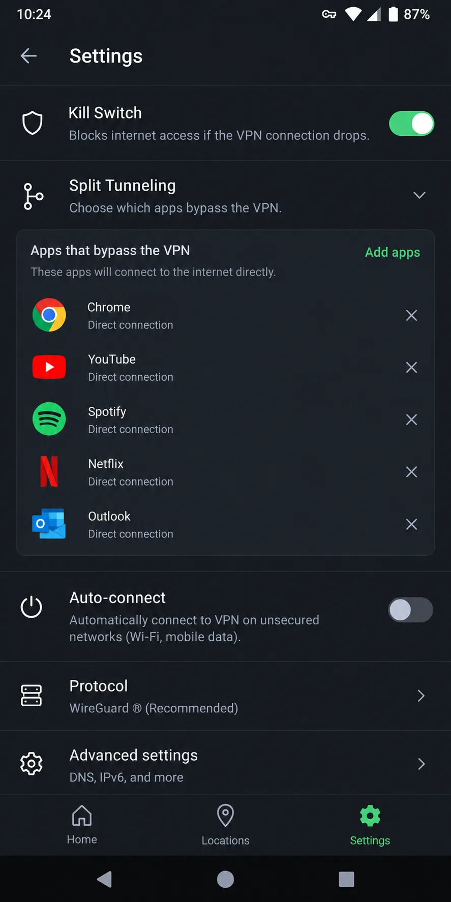 A VPN app's settings screen on Android with the kill switch enabled and the split tunneling menu open, listing apps that bypass the VPN.