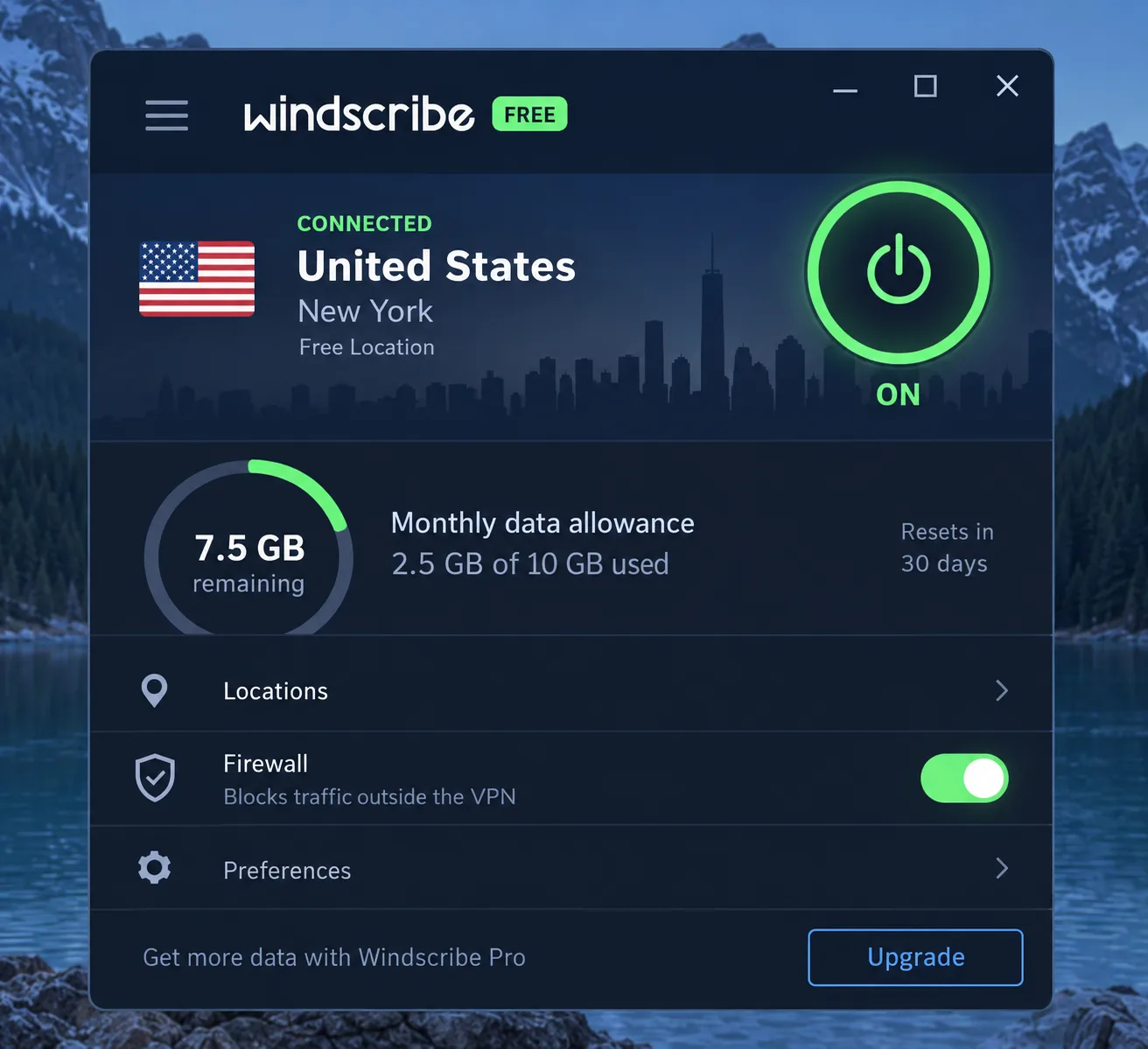 Windscribe's desktop app on the free plan showing the monthly data allowance remaining, the selected free location and the firewall switched on.