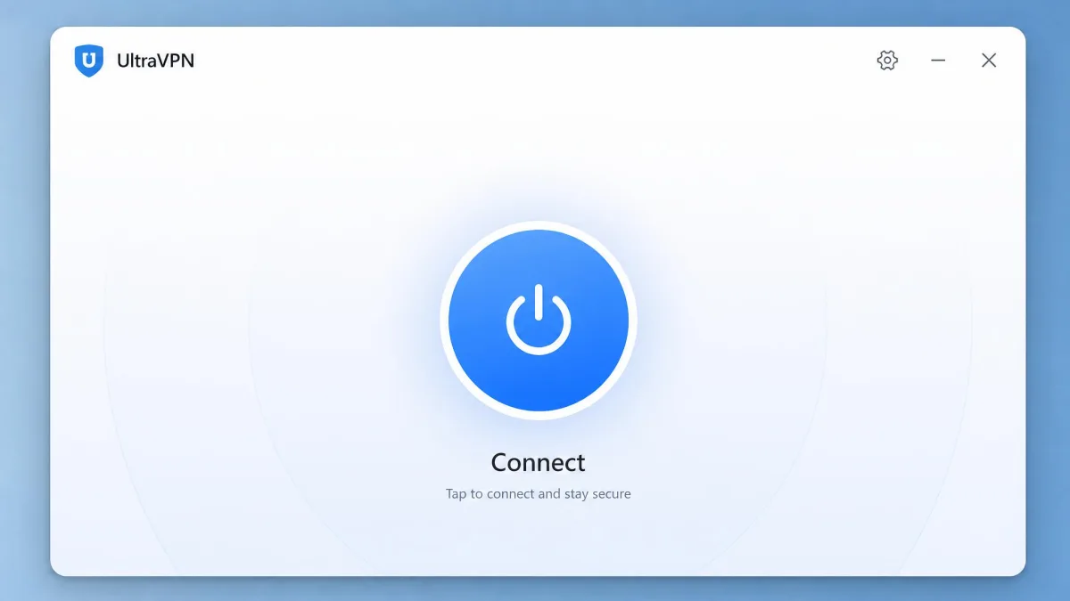 UltraVPN home screen on desktop with a single large connect button in the centre and a minimal interface, illustrating the beginner-friendly design.