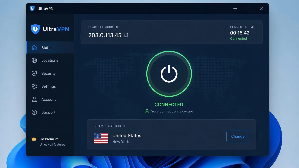 UltraVPN Windows desktop app showing a connected status with a large power button, the selected server location, and the current IP address across the top of the window.