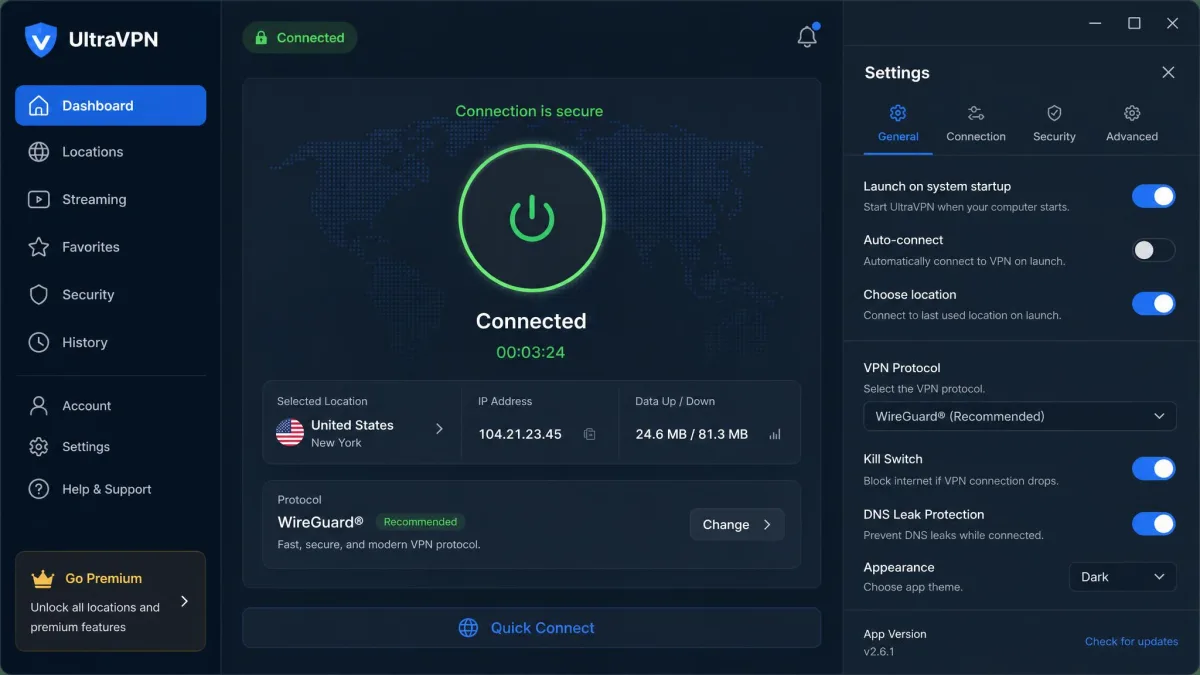 UltraVPN app dashboard on a desktop showing connection status, selected protocol, and the settings menu, used to illustrate the overall user experience summary.