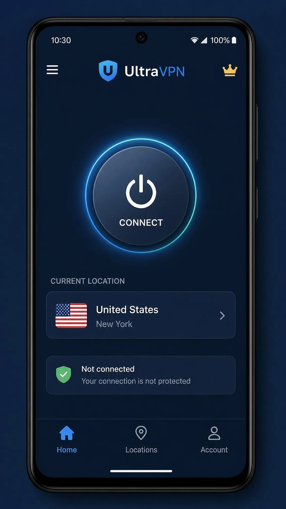 UltraVPN Android app on a smartphone showing the connect button, the current server location, and the streamlined mobile interface with fewer settings than desktop.