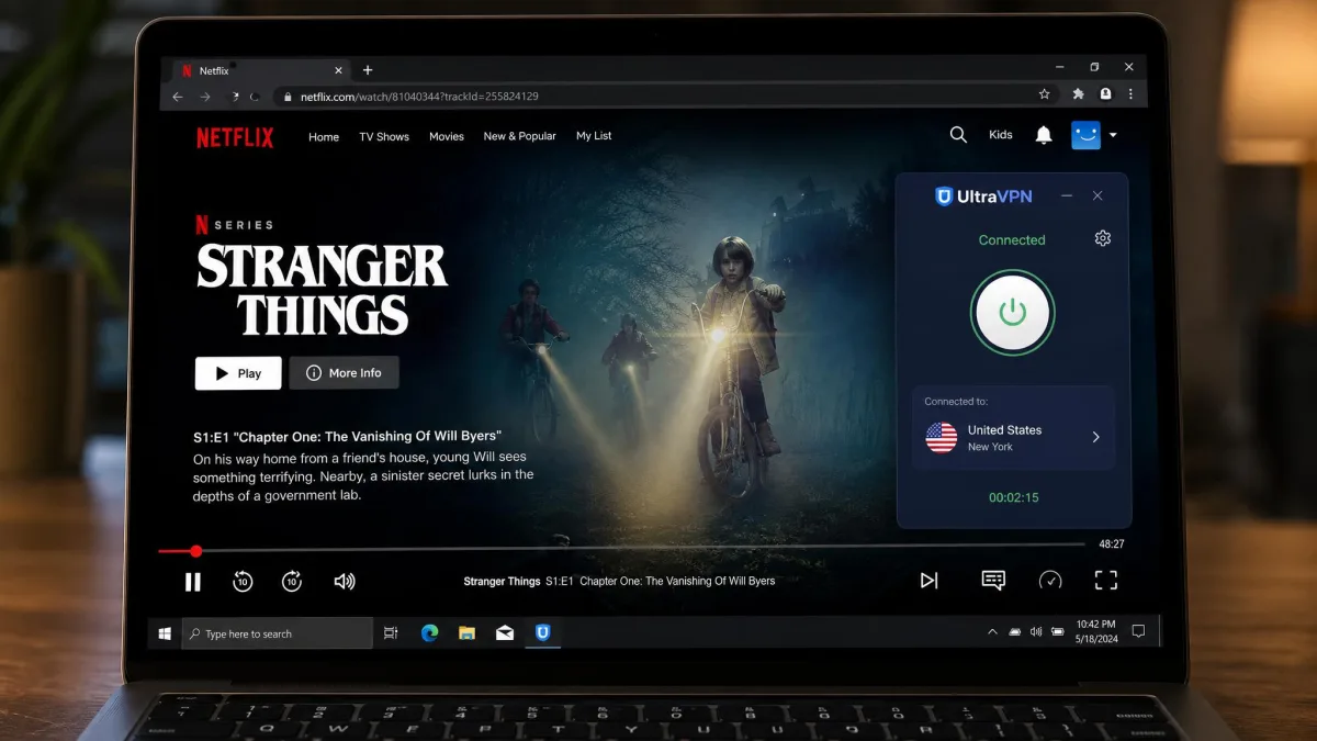 A laptop screen showing Netflix playing through UltraVPN with the UltraVPN app connected to a US server visible in a corner overlay.