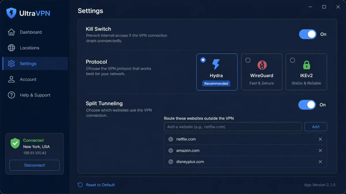 UltraVPN settings panel showing the kill switch toggle, protocol selection between Hydra, WireGuard, and IKEv2, and the split tunneling option for websites.
