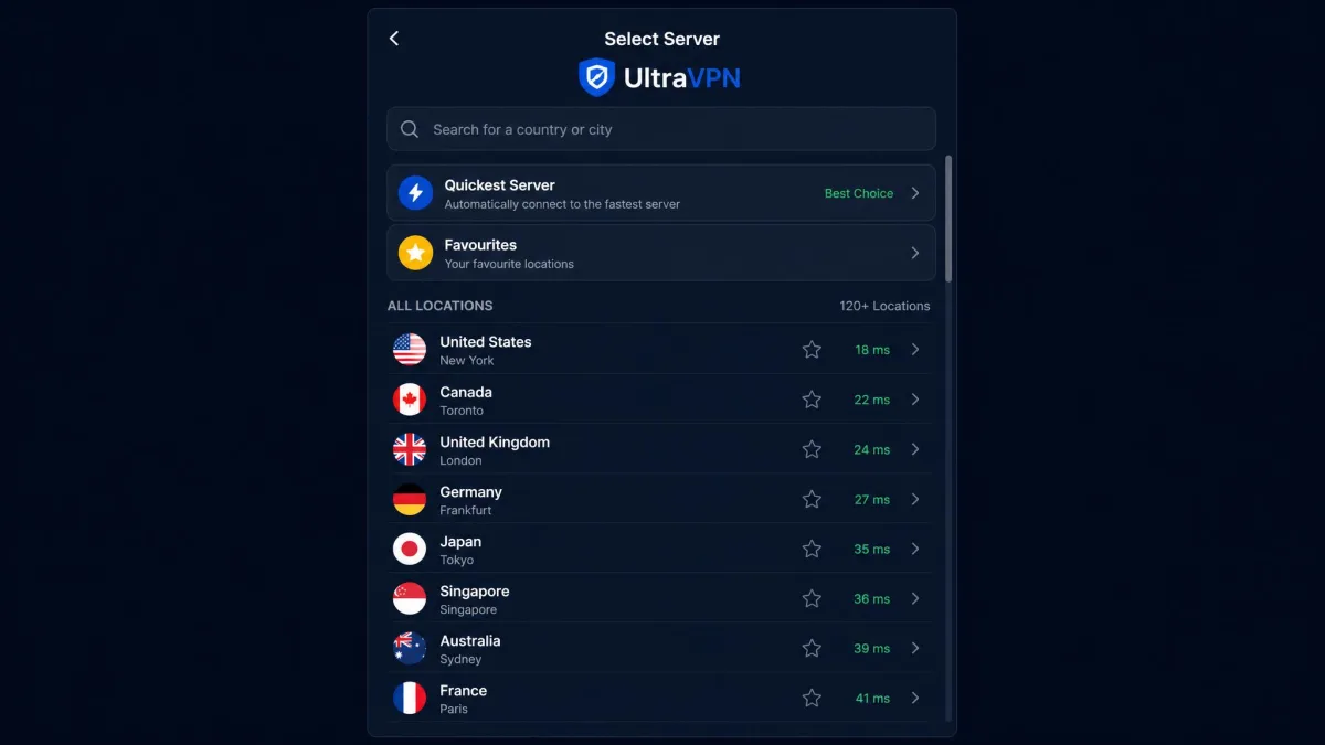 UltraVPN server selection screen showing a scrollable list of country locations with search, favourites, and a quickest-server option at the top.
