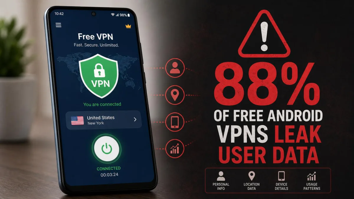 A phone showing a free VPN app next to a warning graphic that 88 percent of free Android VPNs leak user data, illustrating the privacy risk.