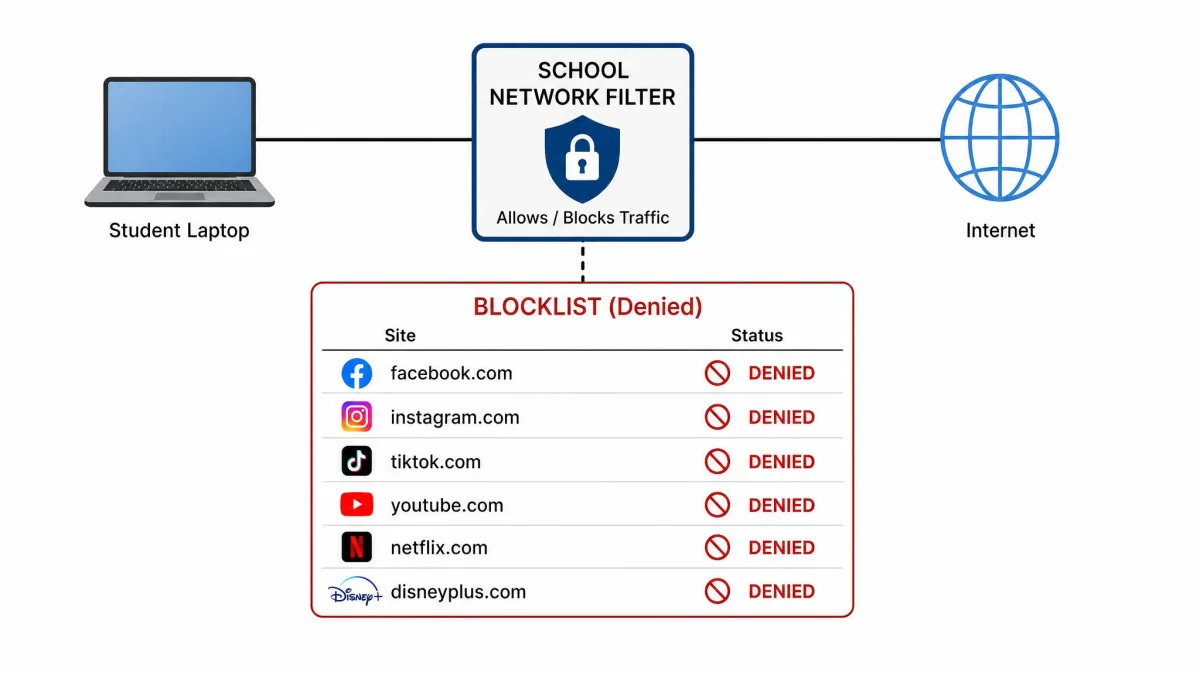 A simple diagram showing a school network filter between a laptop and the internet, with a blocklist of social media and streaming sites marked as denied.