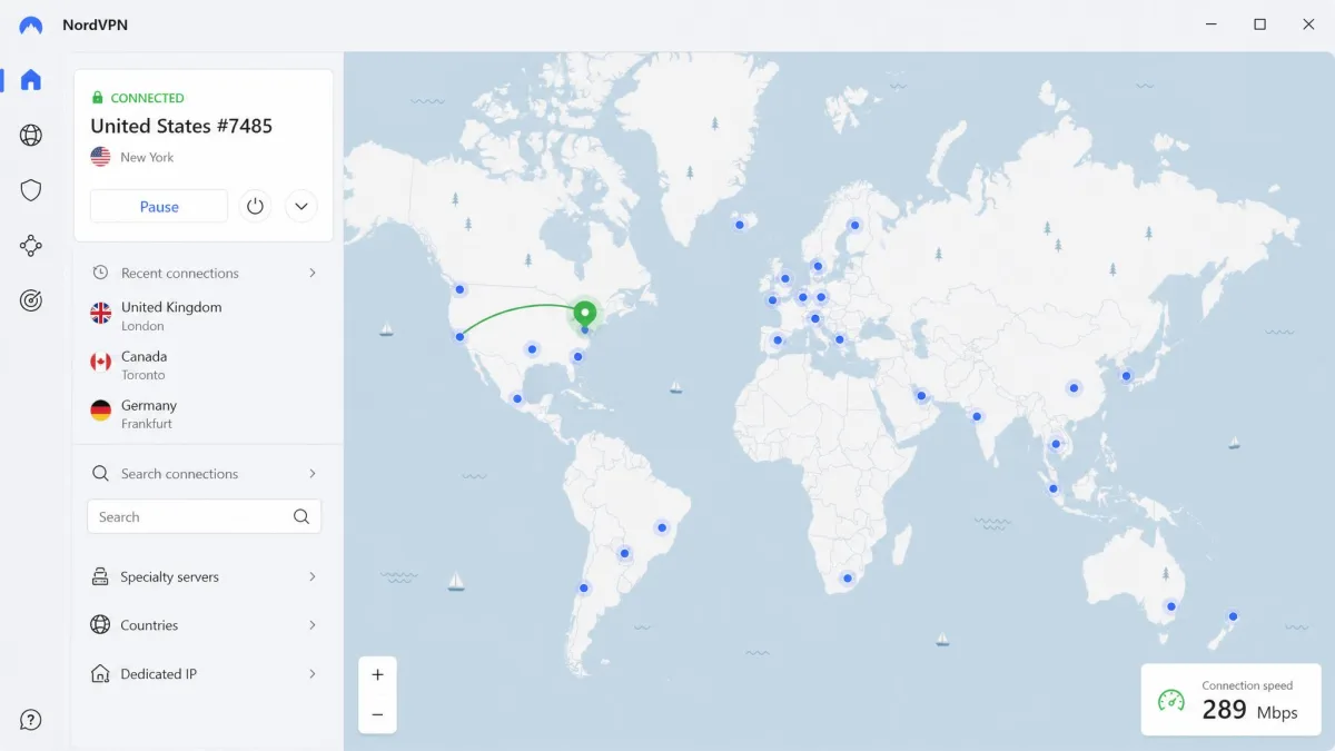NordVPN's app showing an interactive world map with a connected pin on a United States server and a speed readout of 289 Mbps in the corner.