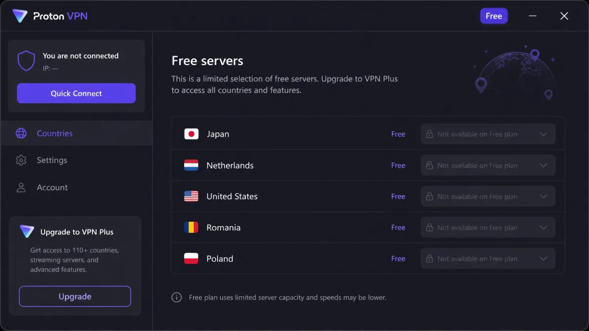 Proton VPN app on the free plan showing a limited list of available free-server countries with the server selector greyed out and a "Free" badge in the corner.