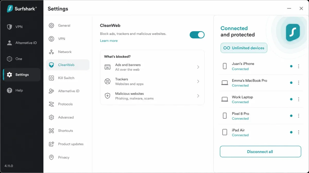 Surfshark app settings panel with CleanWeb ad-blocking toggled on and a label reading "Unlimited devices" next to a list of connected phones and laptops.