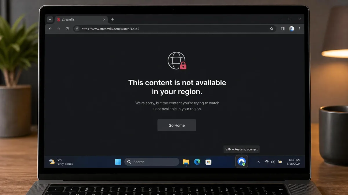 A laptop browser showing a "This content is not available in your region" block notice, with a VPN app icon in the taskbar ready to connect.