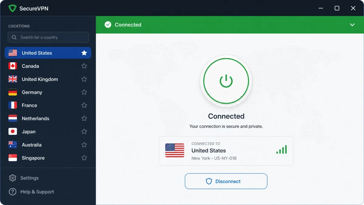 A VPN desktop app showing a large Connect button, a country server list on the left with the United States selected, and a green "Connected" status bar at the top.