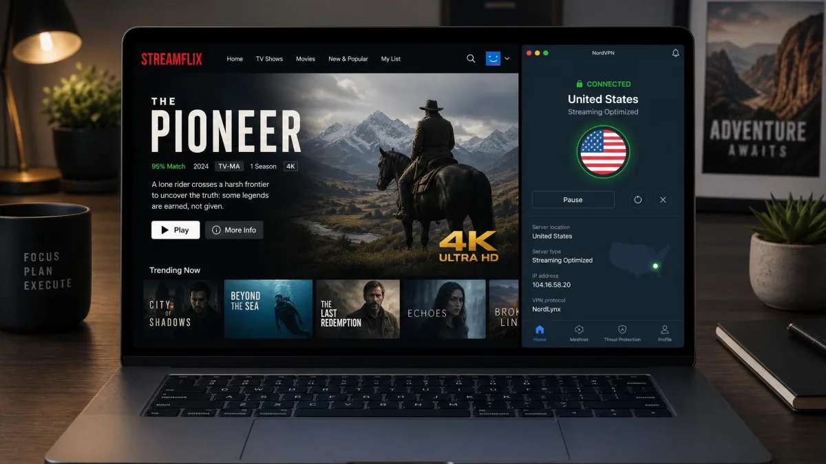 A laptop showing a streaming service playing in 4K with a VPN app docked beside it, connected to a US streaming-optimized server and displaying an HD quality badge.