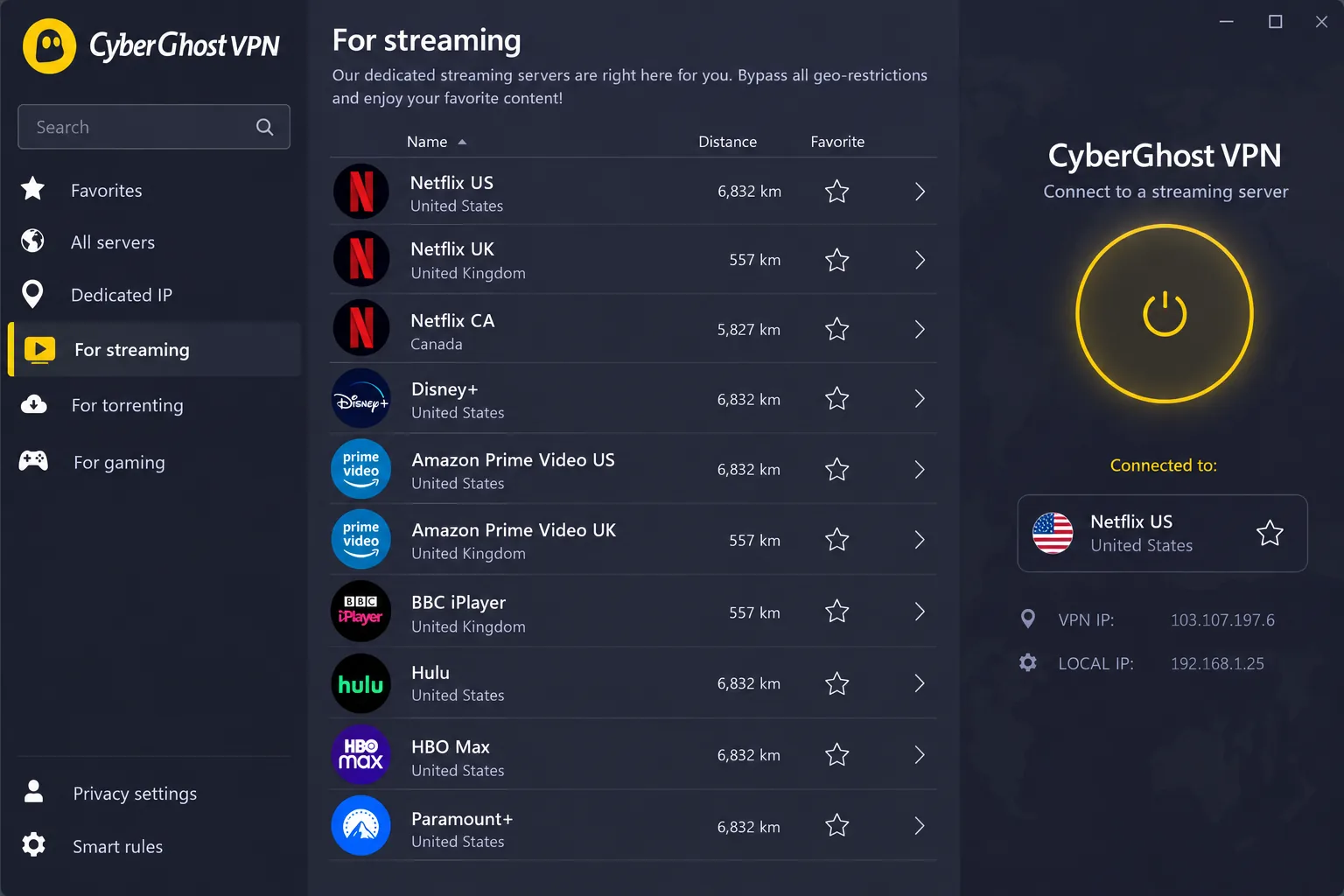 CyberGhost's Windows app showing its "For streaming" server list, with servers labelled by service such as Netflix US and BBC iPlayer.