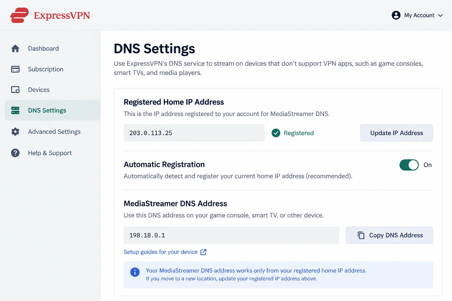 ExpressVPN's DNS settings page showing the registered home IP address, the automatic registration toggle and the MediaStreamer DNS address for a game console.