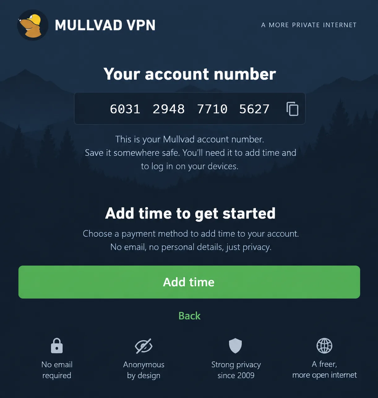 Mullvad VPN's sign-up screen showing a freshly generated 16-digit account number and the prompt to add time, with no email field.