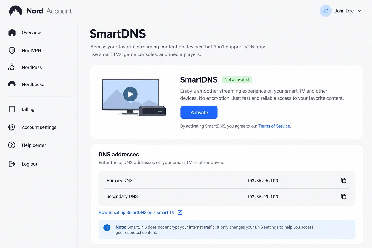 The Nord Account dashboard with the SmartDNS panel open, showing the Activate button and the two DNS addresses to enter on a smart TV.