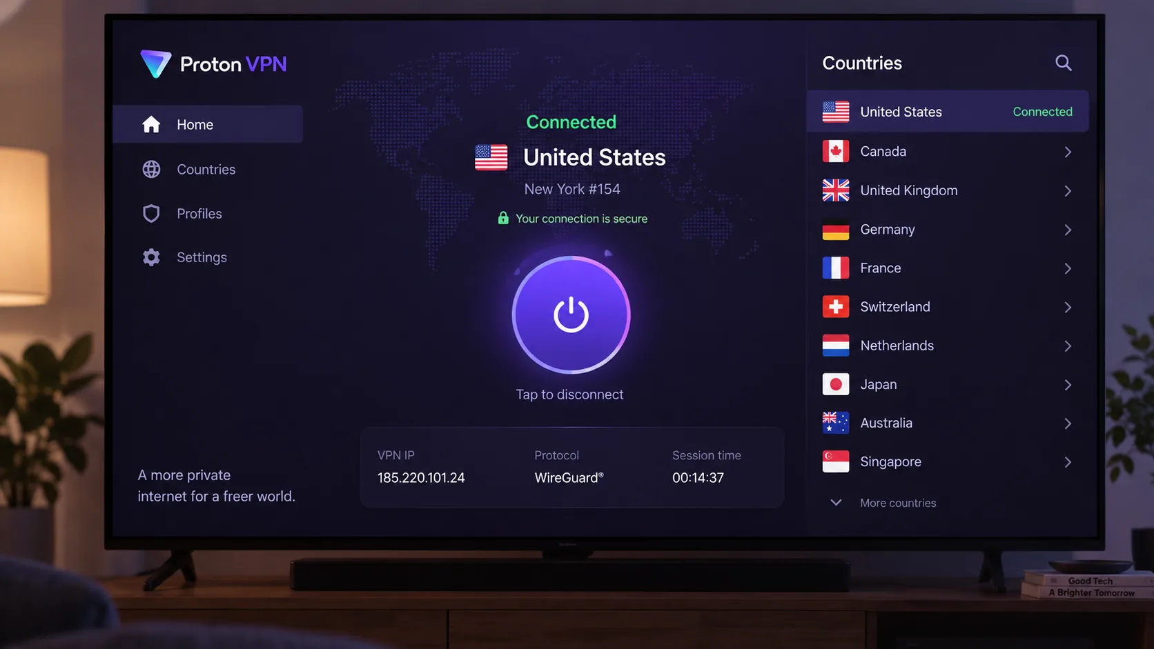 Proton VPN's Android TV app connected to a US server, showing the large connect button and the country list on a living-room TV screen.