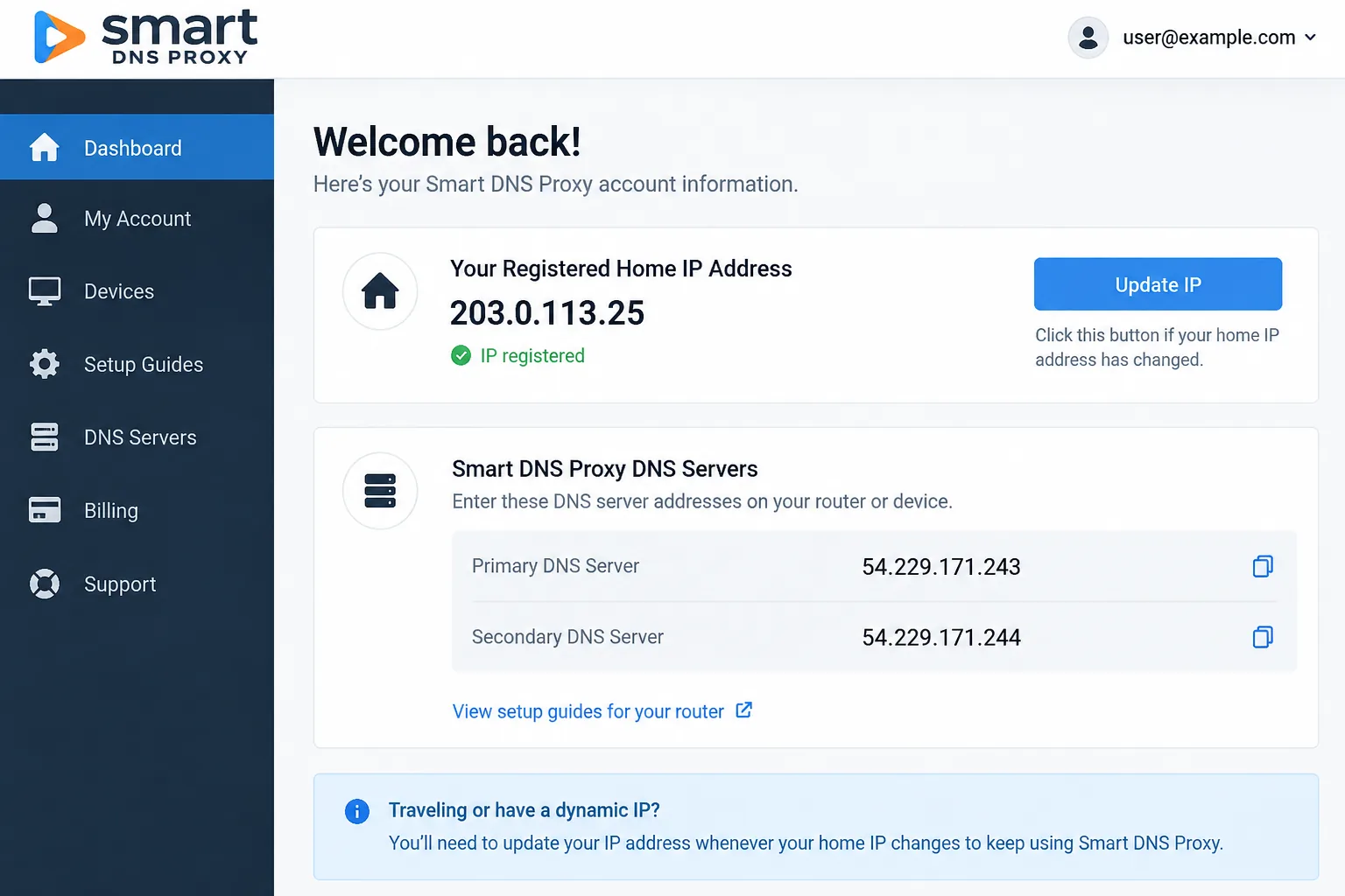 Smart DNS Proxy's account dashboard showing the registered home IP address, an "update IP" button and the DNS server addresses to enter on a router.