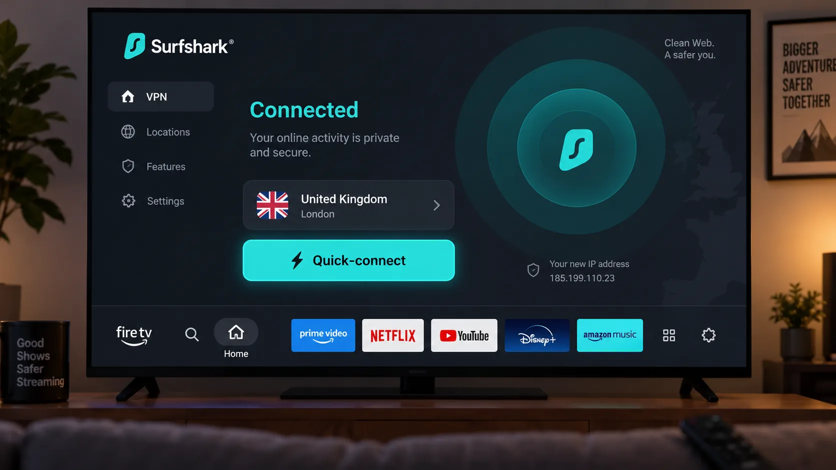 Surfshark's Fire TV app on a TV home screen, connected to a UK server with the quick-connect button highlighted.