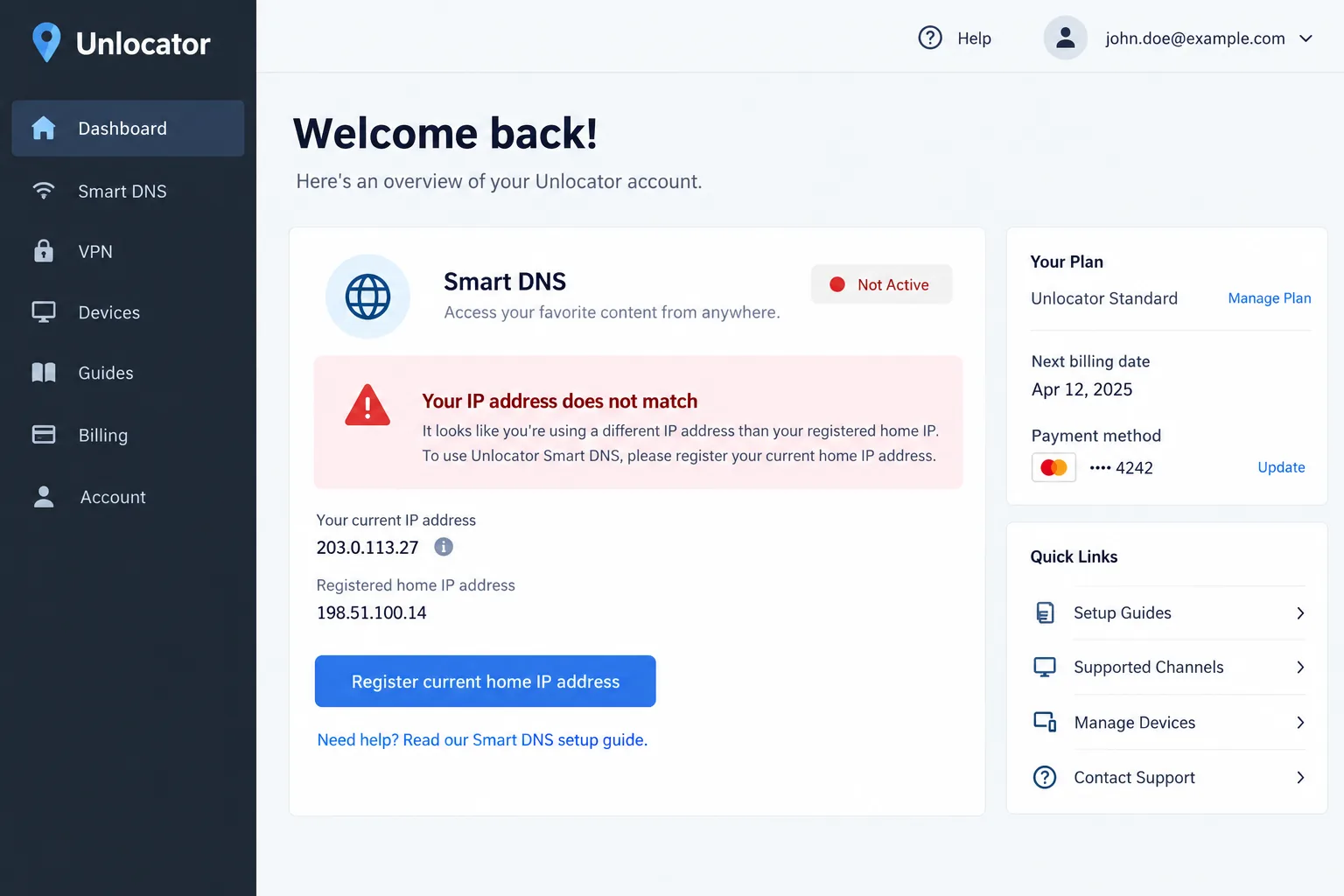 The Unlocator account dashboard showing the Smart DNS status panel with a mismatched IP warning and a button to register the current home IP address.