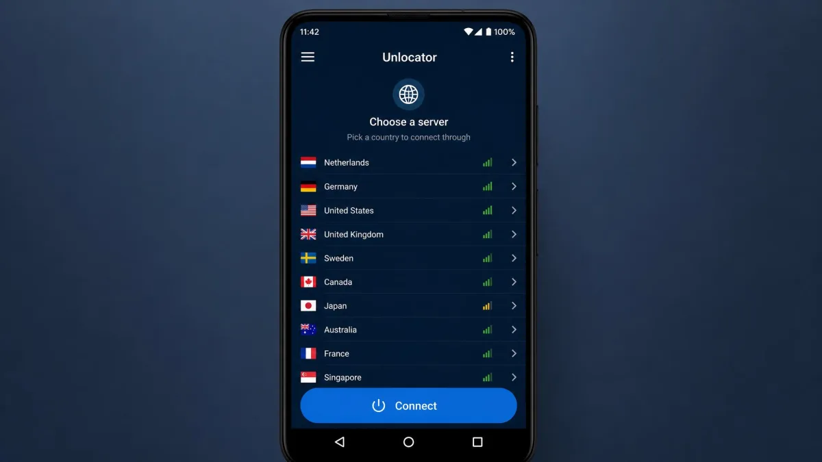Unlocator's Android app open on the server-selection screen on a phone, showing a country list and a large connect button, with no kill-switch option visible in the settings.