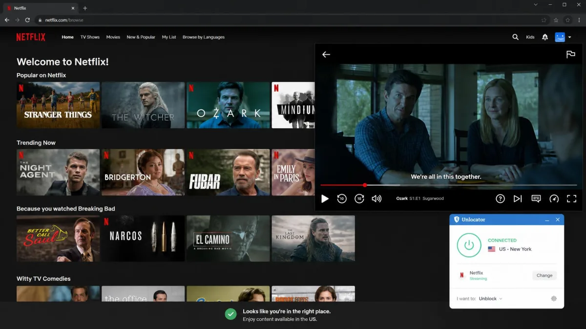 A US Netflix library loading successfully in a browser while connected through Unlocator, showing region-locked titles and a playing show without a proxy error.