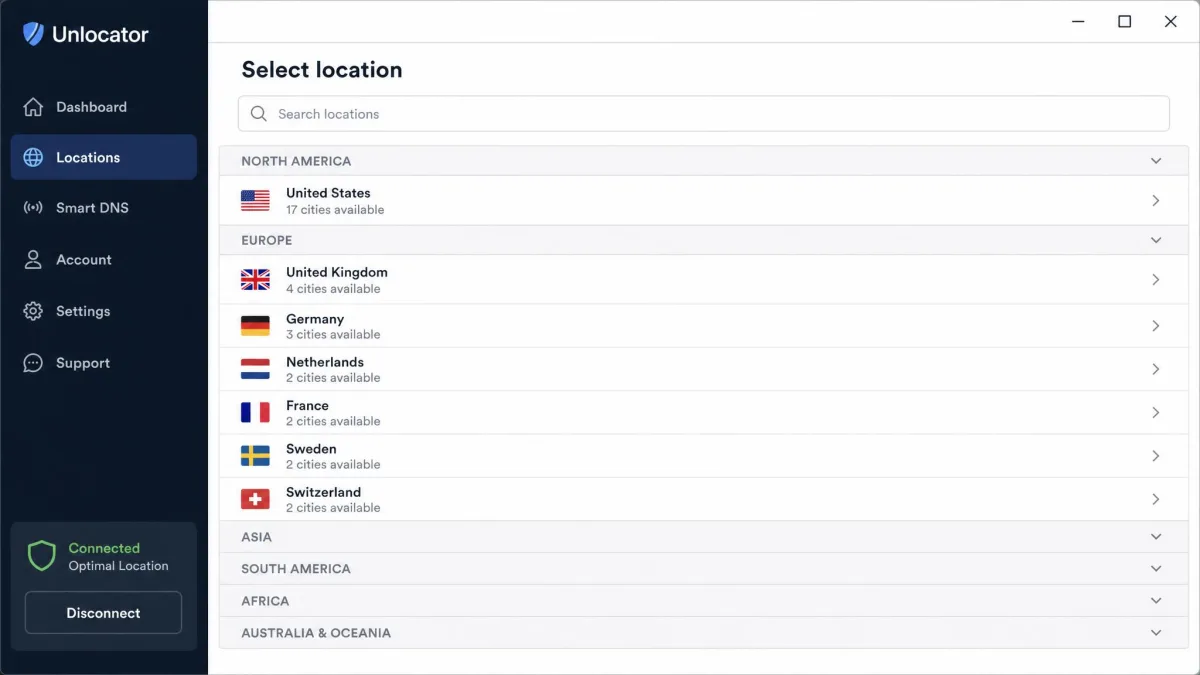 Unlocator's server location list in the desktop app, showing available countries grouped by region with the United States, United Kingdom and several European options visible.