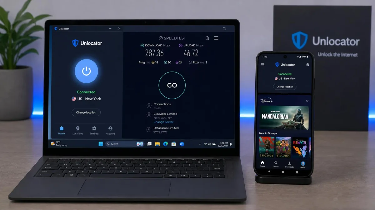 A test bench showing a Windows laptop and an Android phone side by side, both connected to Unlocator, with a speed-test result and a streaming app open across the two screens.