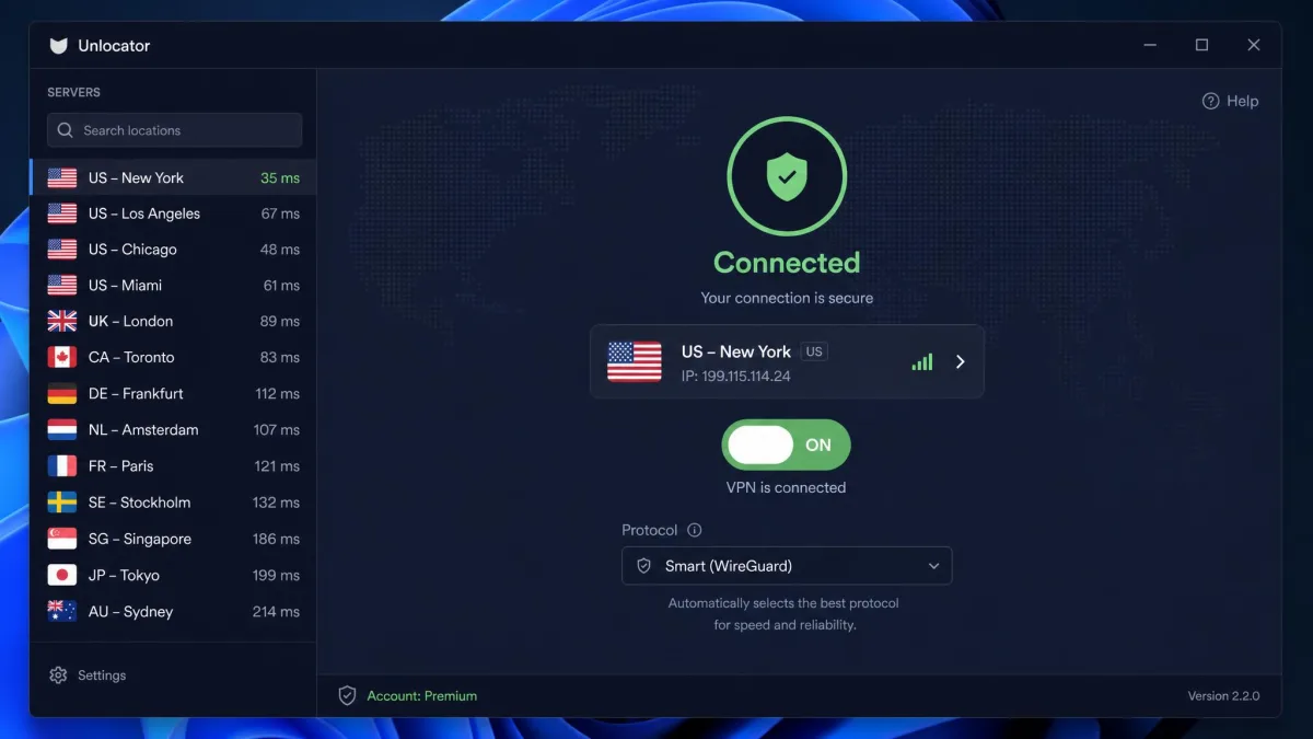 Unlocator's Windows desktop app showing a connected status to a US server, with the server list on the left and the connection toggle and protocol selector in the center panel.