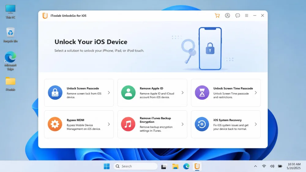 The iToolab UnlockGo for iOS home screen showing the six unlock modes, including Unlock Screen Passcode, Remove Apple ID, and Bypass MDM, on a Windows desktop.