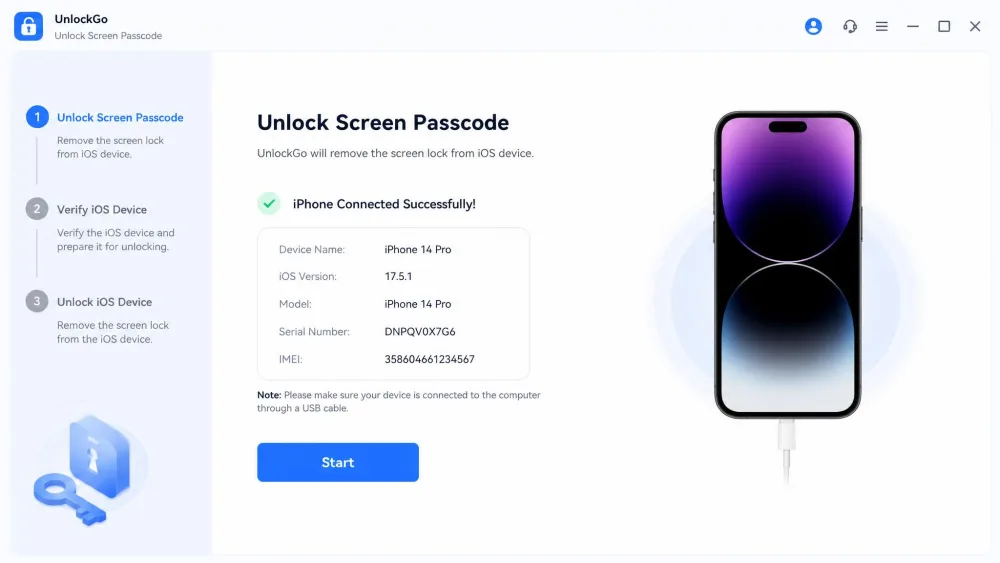The UnlockGo Unlock Screen Passcode step showing a connected iPhone recognized by the app with a Start button ready to begin the unlock.