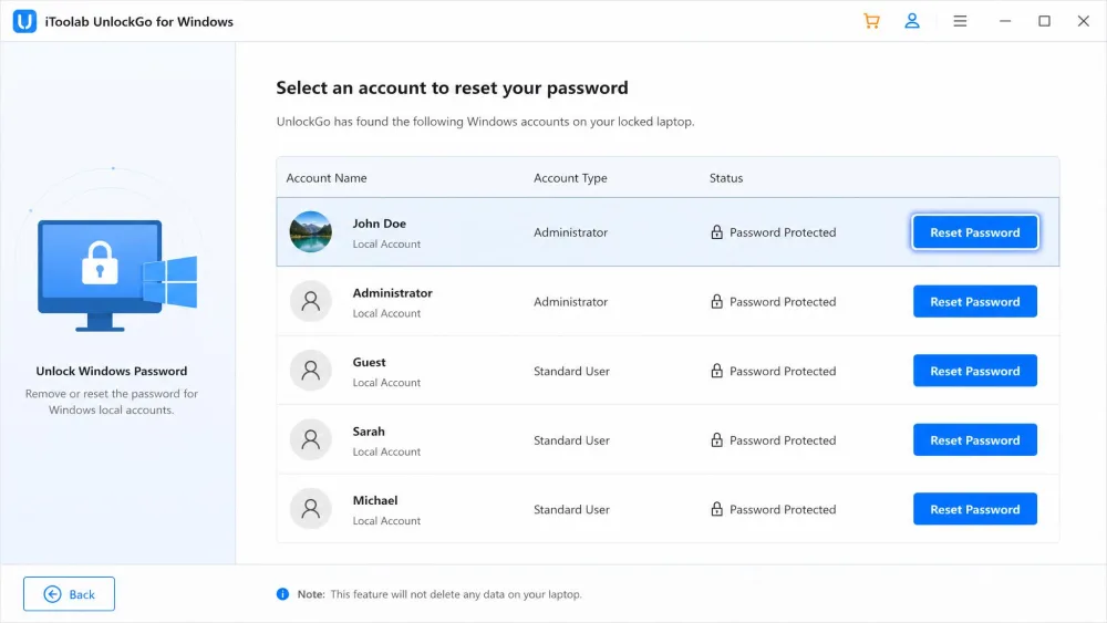 The iToolab UnlockGo for Windows account-selection screen listing the local Windows accounts on a locked laptop, with a highlighted Reset Password button.
