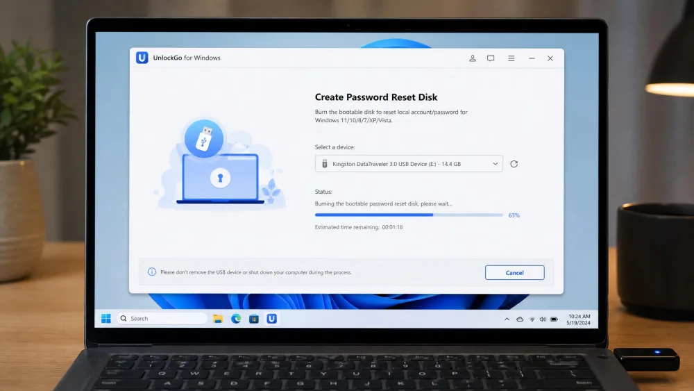 The UnlockGo for Windows media-creation screen on a working laptop, showing a USB drive selected and a progress bar burning the bootable password reset disk.