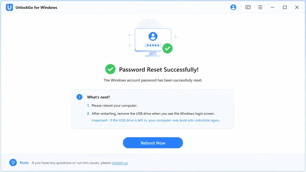 The UnlockGo for Windows confirmation screen showing a Windows account password successfully reset, with a prompt to reboot and remove the USB drive.